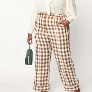 NWT Unique Vintage 1940s High Waist Cuff Pants XL 14 Brown & Ivory Plaid Trouser